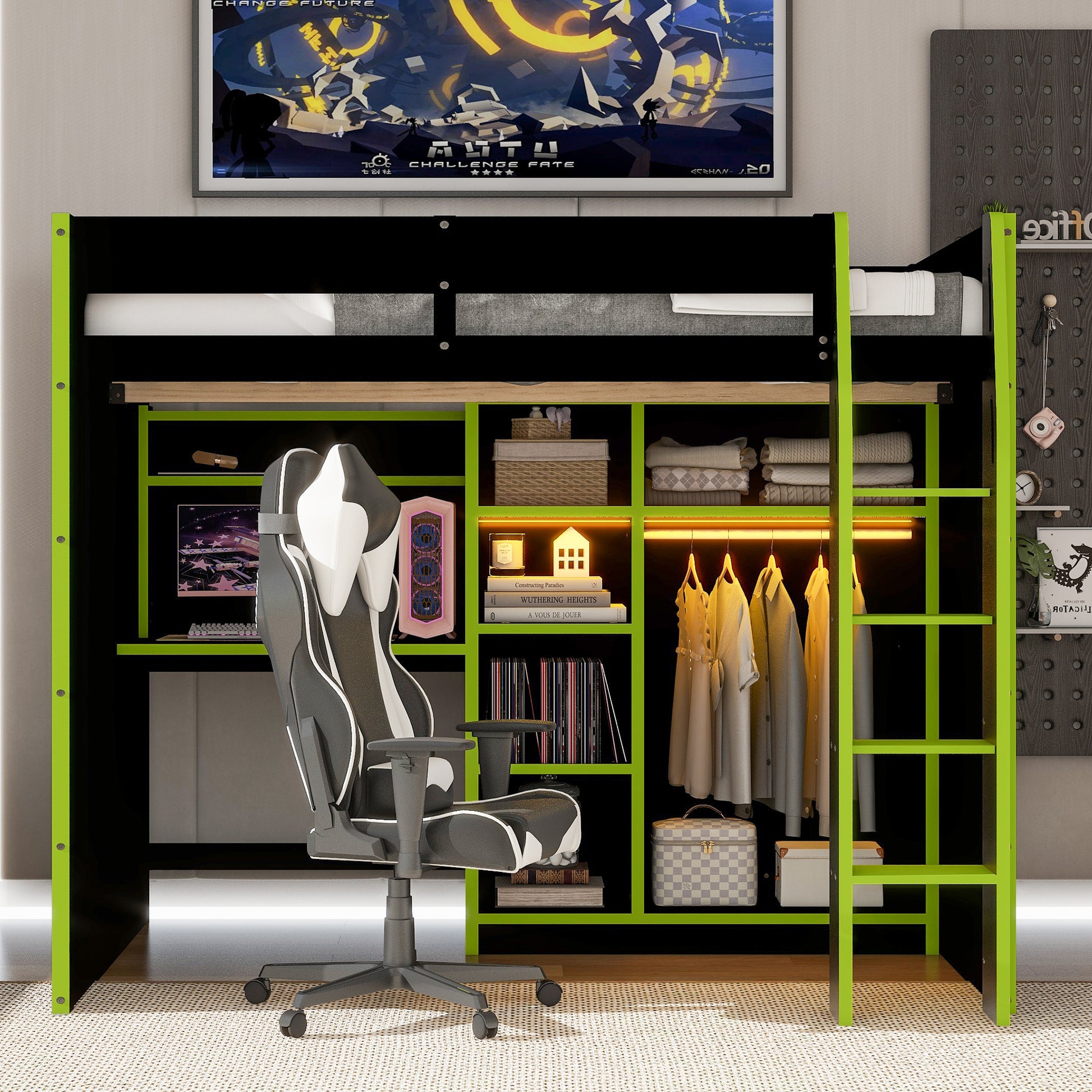 Full Size Green Wood Loft Bed with Desk & Storage for Bedroom