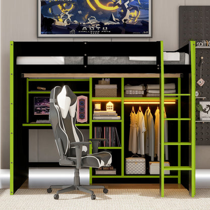 Full Size Green Wood Loft Bed with Desk & Storage for Bedroom