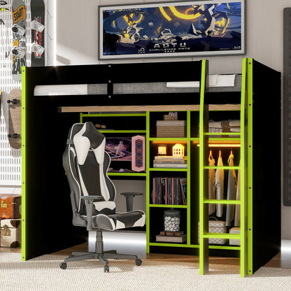 Full Size Green Wood Loft Bed with Desk & Storage for Bedroom