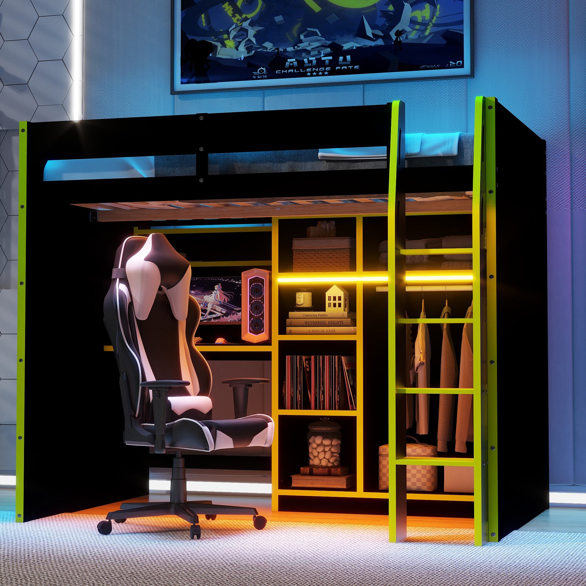 Full Size Green Wood Loft Bed with Desk & Storage for Bedroom