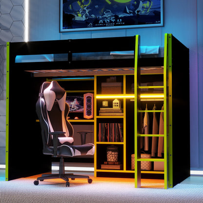 Full Size Green Wood Loft Bed with Desk & Storage for Bedroom