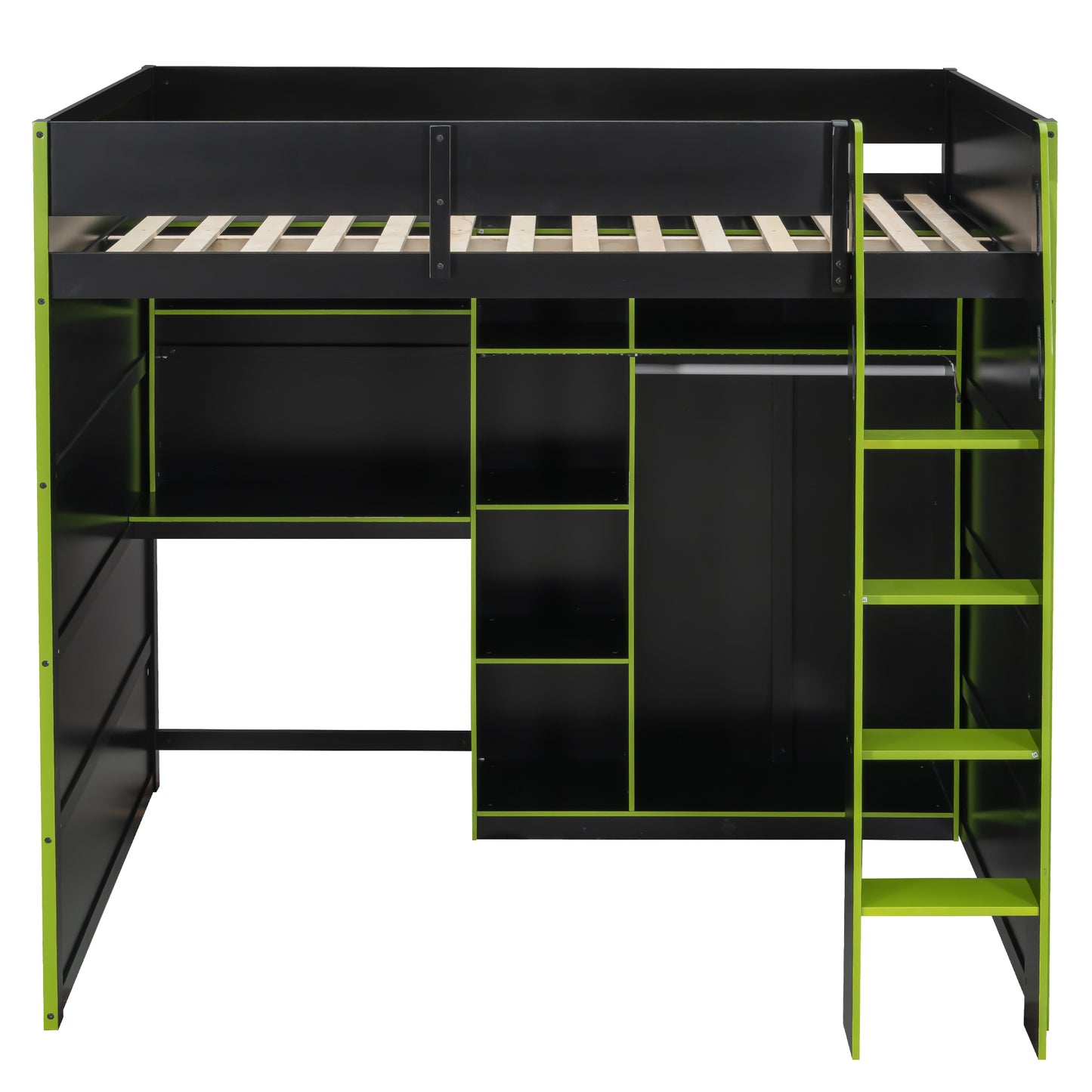 Full Size Green Wood Loft Bed with Desk & Storage for Bedroom