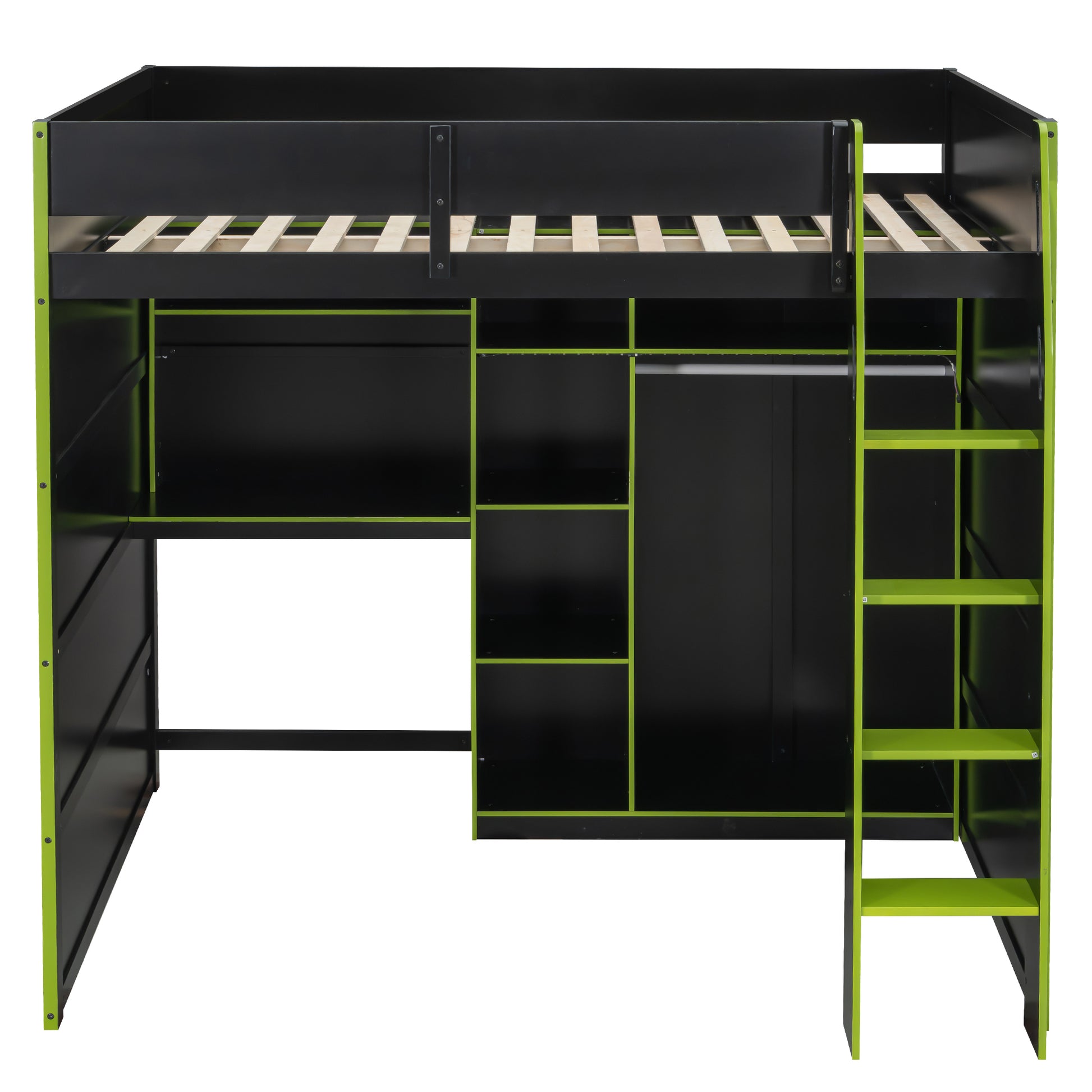 Full Size Green Wood Loft Bed with Desk & Storage for Bedroom
