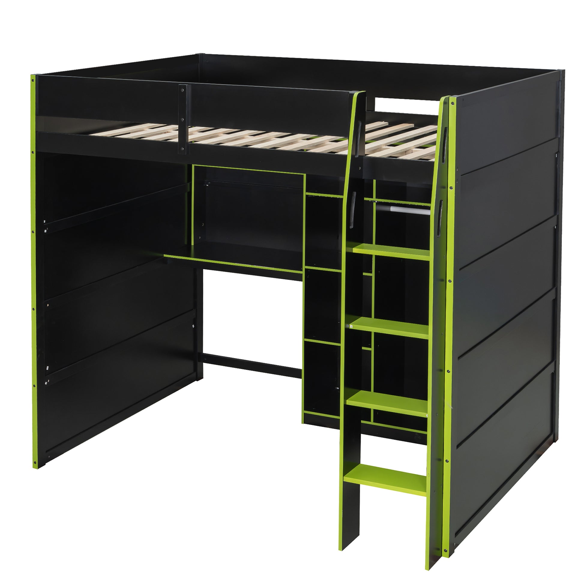 Full Size Green Wood Loft Bed with Desk & Storage for Bedroom