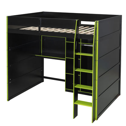 Full Size Green Wood Loft Bed with Desk & Storage for Bedroom