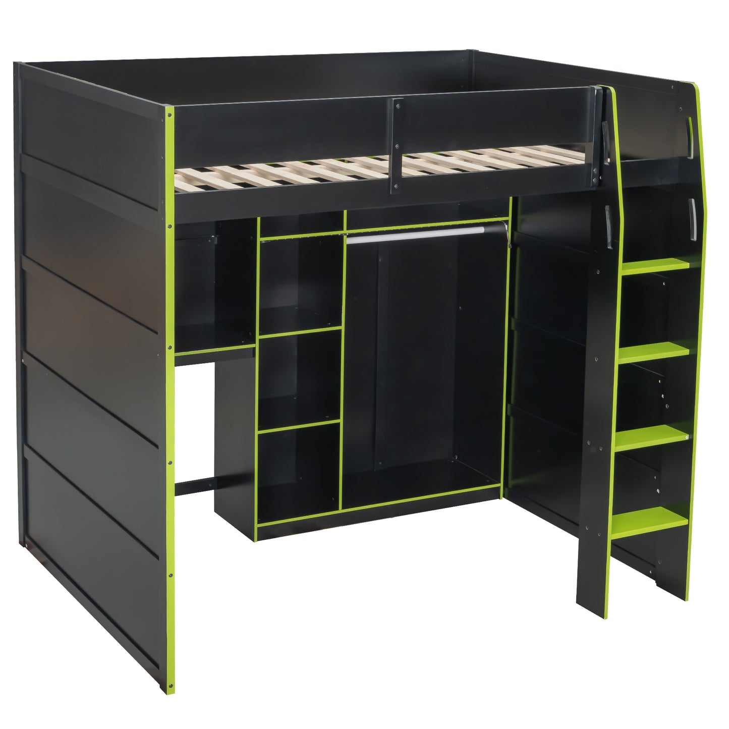 Full Size Green Wood Loft Bed with Desk & Storage for Bedroom