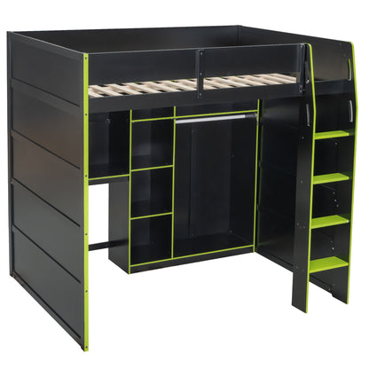 Full Size Green Wood Loft Bed with Desk & Storage for Bedroom