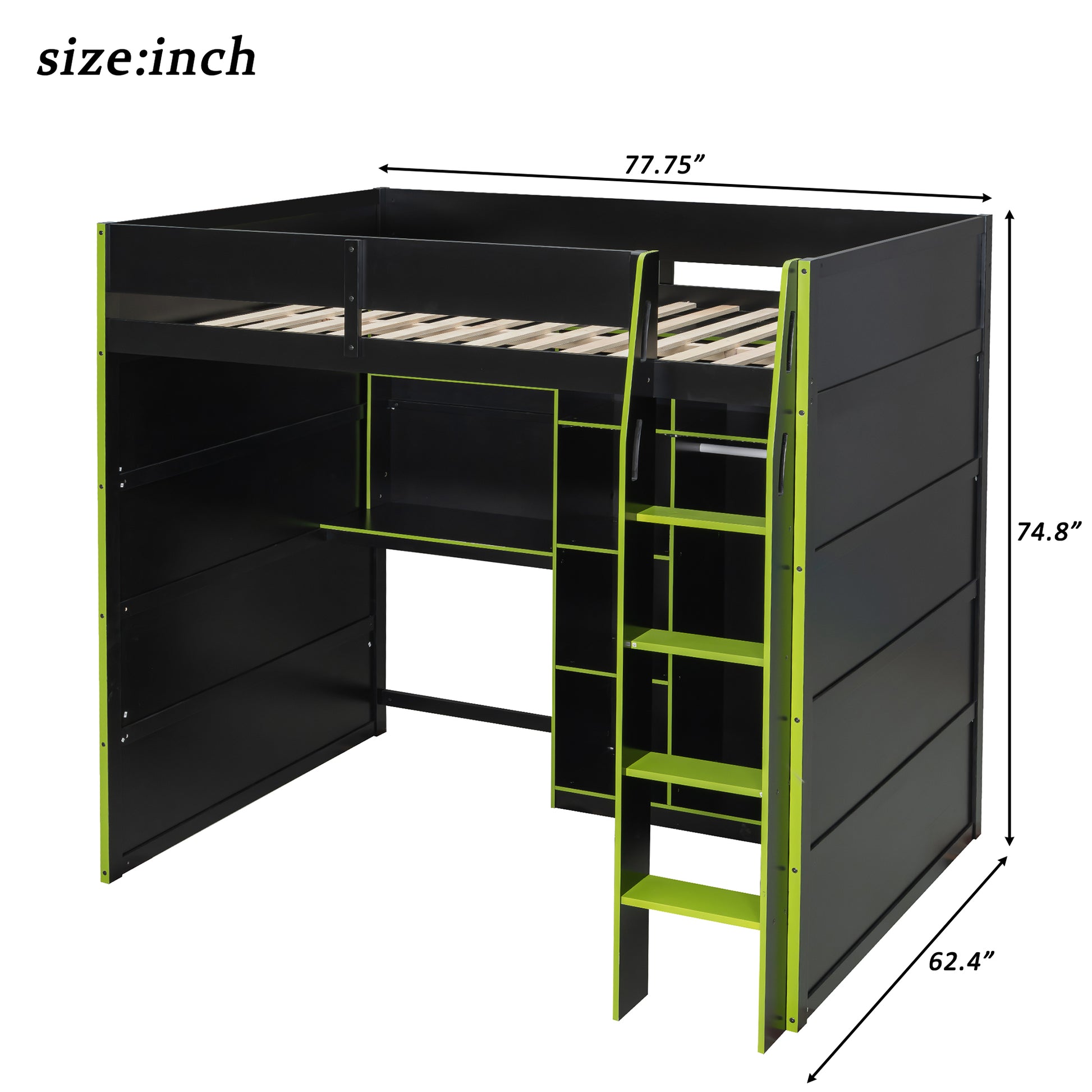 Full Size Green Wood Loft Bed with Desk & Storage for Bedroom