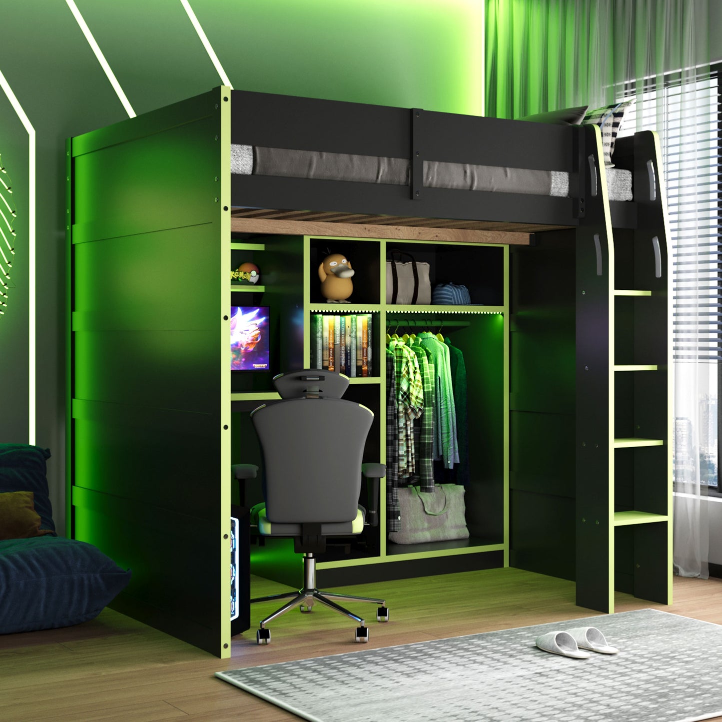 Full Size Wood Loft Bed with Desk,Open Wardrobe,Storage Compartments and RGB Lights,Green