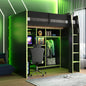 Full Size Wood Loft Bed with Desk,Open Wardrobe,Storage Compartments and RGB Lights,Green