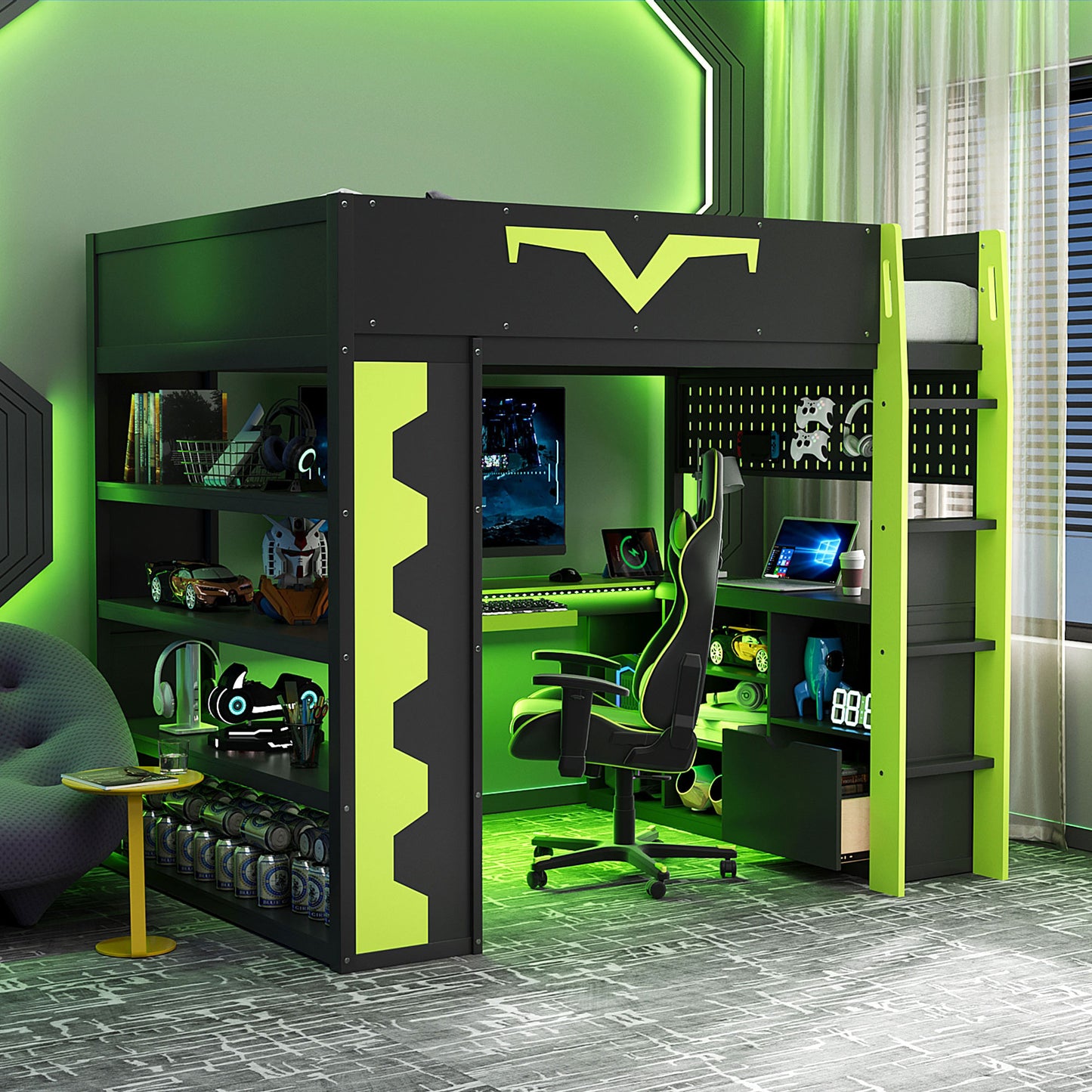 Full Size Green Wood Gaming Bed with Desk & RGB Lights for Bedroom