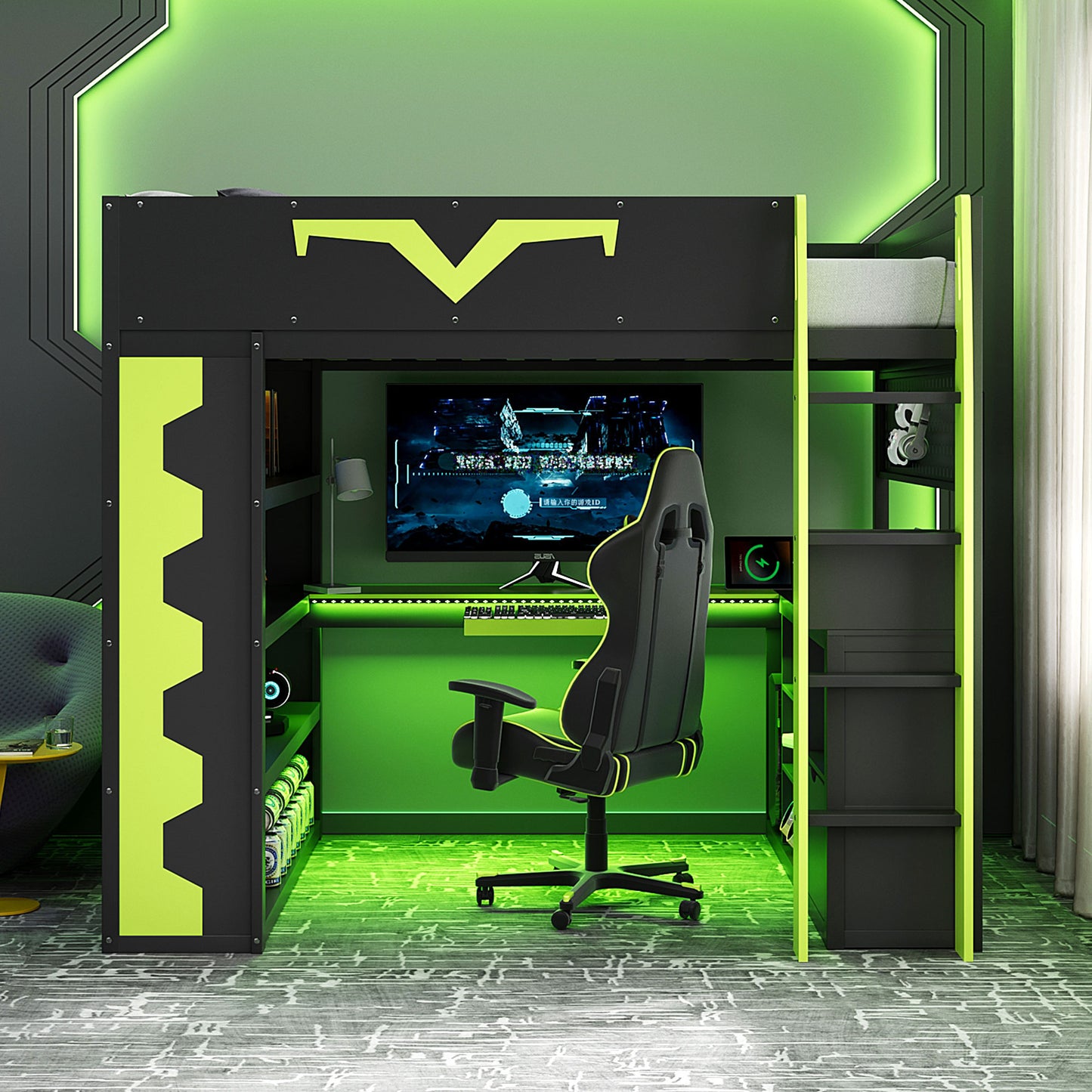 Full Size Green Wood Gaming Bed with Desk & RGB Lights for Bedroom