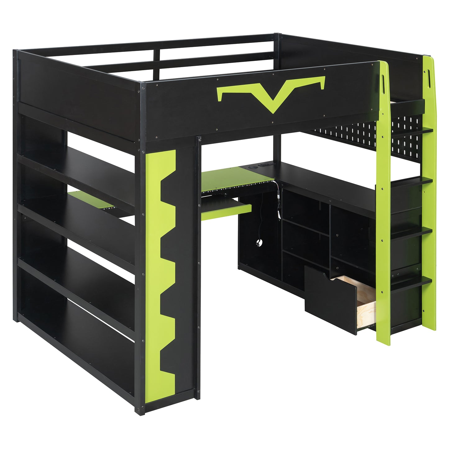 Full Size Green Wood Gaming Bed with Desk & RGB Lights for Bedroom
