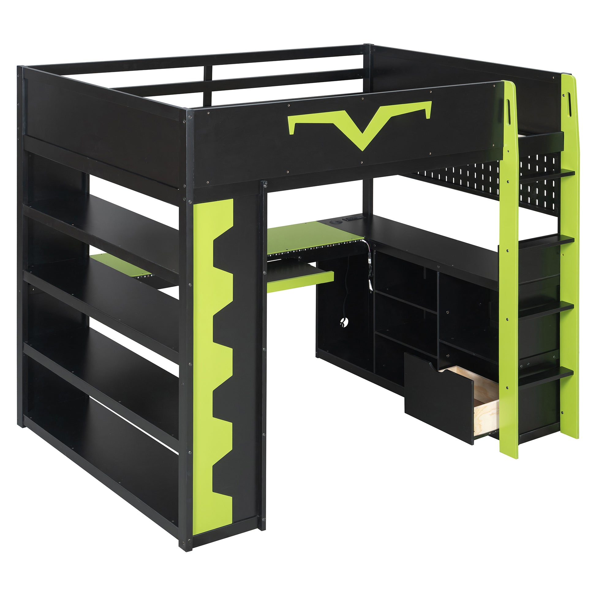 Full Size Green Wood Gaming Bed with Desk & RGB Lights for Bedroom