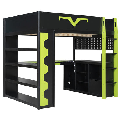 Full Size Green Wood Gaming Bed with Desk & RGB Lights for Bedroom