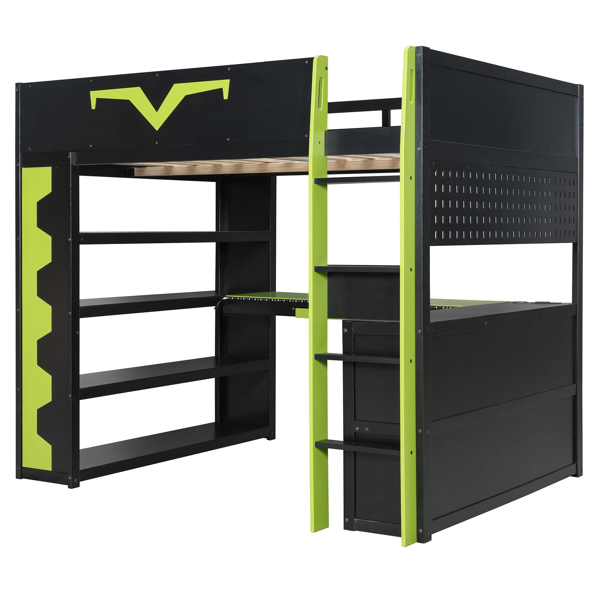 Full Size Green Wood Gaming Bed with Desk & RGB Lights for Bedroom