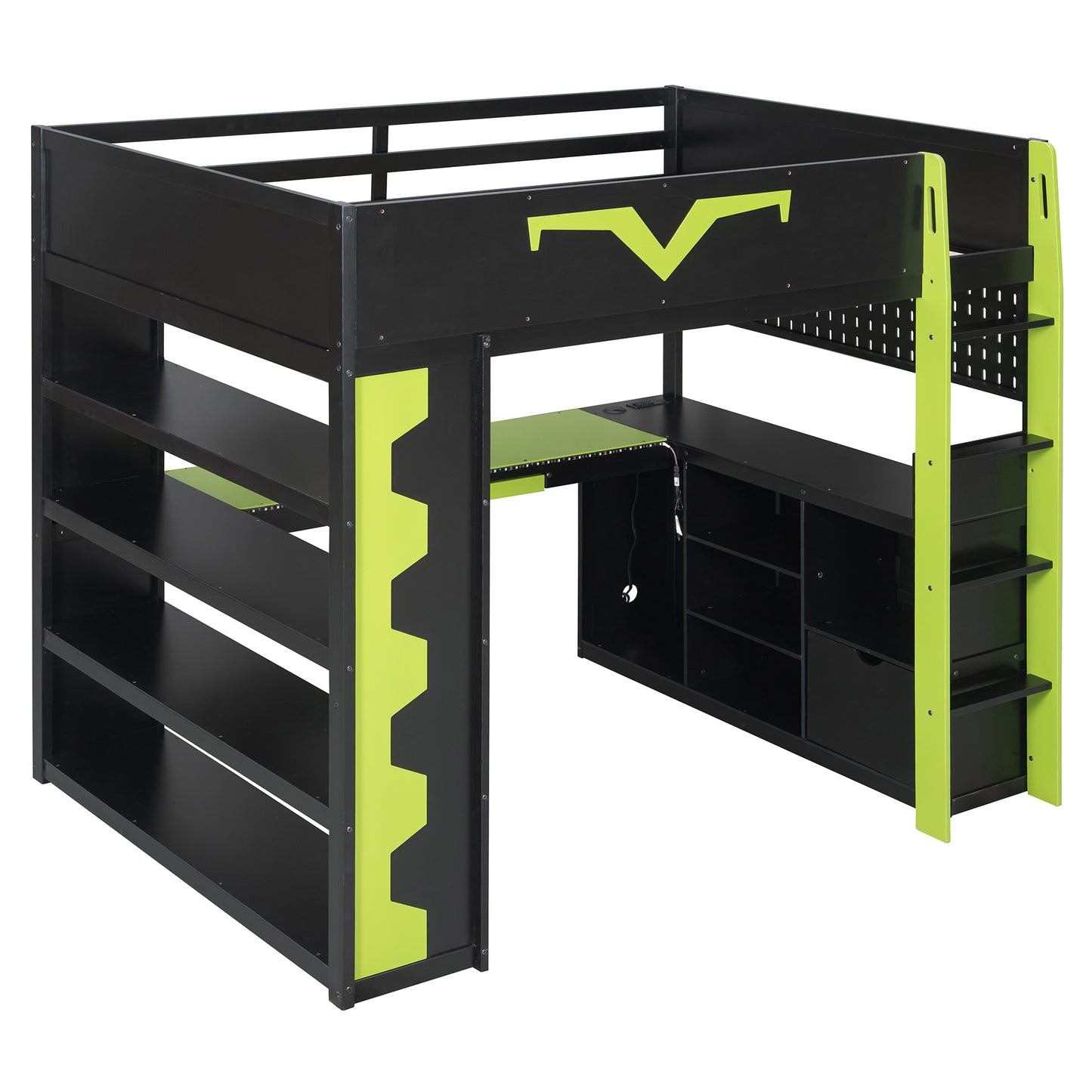 Full Size Green Wood Gaming Bed with Desk & RGB Lights for Bedroom
