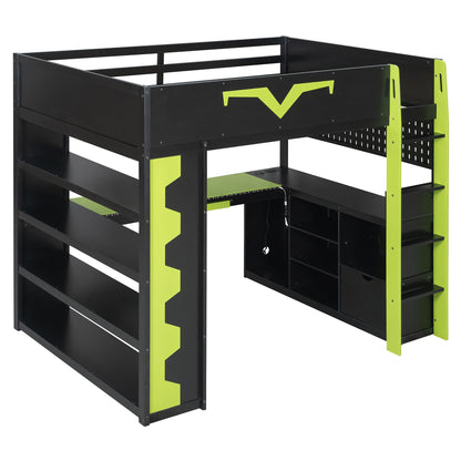 Full Size Green Wood Gaming Bed with Desk & RGB Lights for Bedroom
