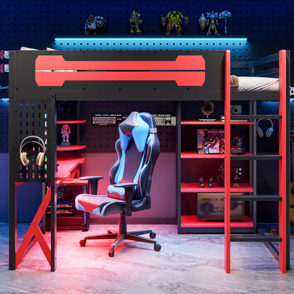 Full Size Black+Red Loft Bed with Desk & RGB Lighting for Bedroom