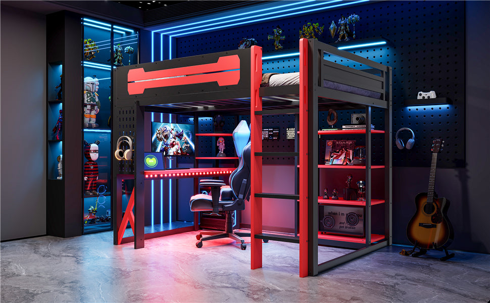 Full Size Black+Red Loft Bed with Desk & RGB Lighting for Bedroom