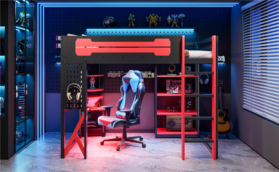 Full Size Black+Red Loft Bed with Desk & RGB Lighting for Bedroom