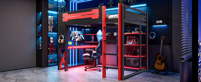 Full Size Black+Red Loft Bed with Desk & RGB Lighting for Bedroom
