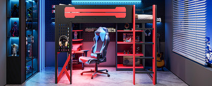 Full Size Black+Red Loft Bed with Desk & RGB Lighting for Bedroom