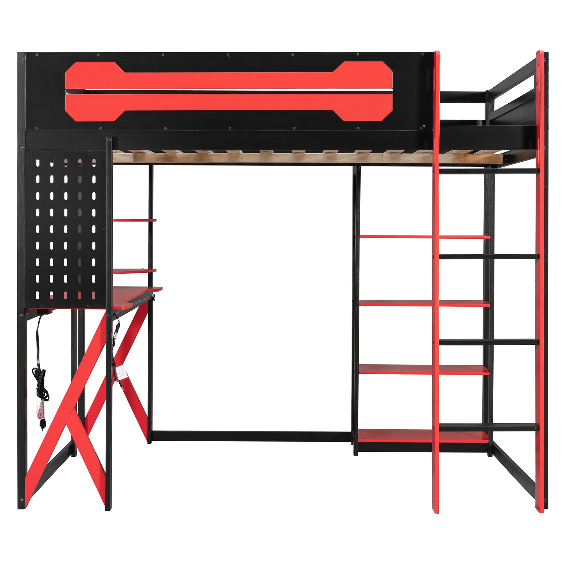 Full Size Black+Red Loft Bed with Desk & RGB Lighting for Bedroom
