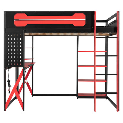 Full Size Black+Red Loft Bed with Desk & RGB Lighting for Bedroom