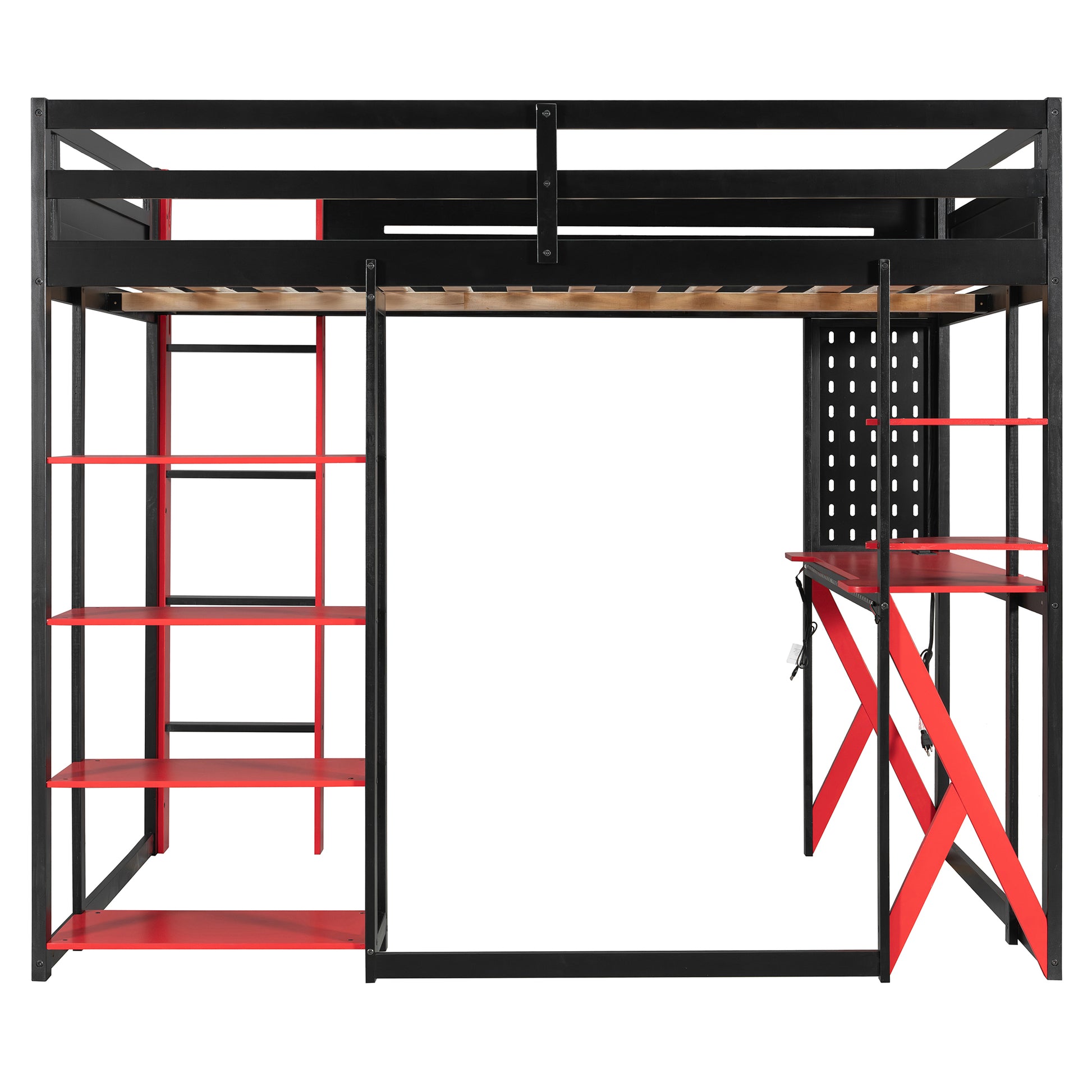 Full Size Black+Red Loft Bed with Desk & RGB Lighting for Bedroom