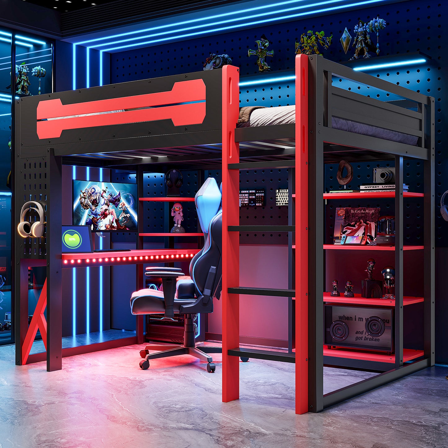 Full Size Wood Loft Bed with Desk, Shelves, Power Outlet & USB/Type-C Ports, , and RGB Light, Black+Red
