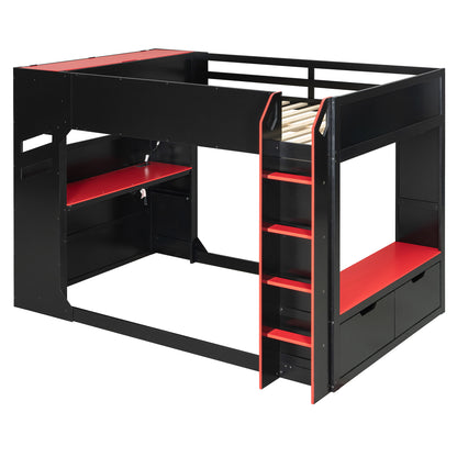 Full Size Red Wood Loft Bed with Desk & Storage for Bedroom