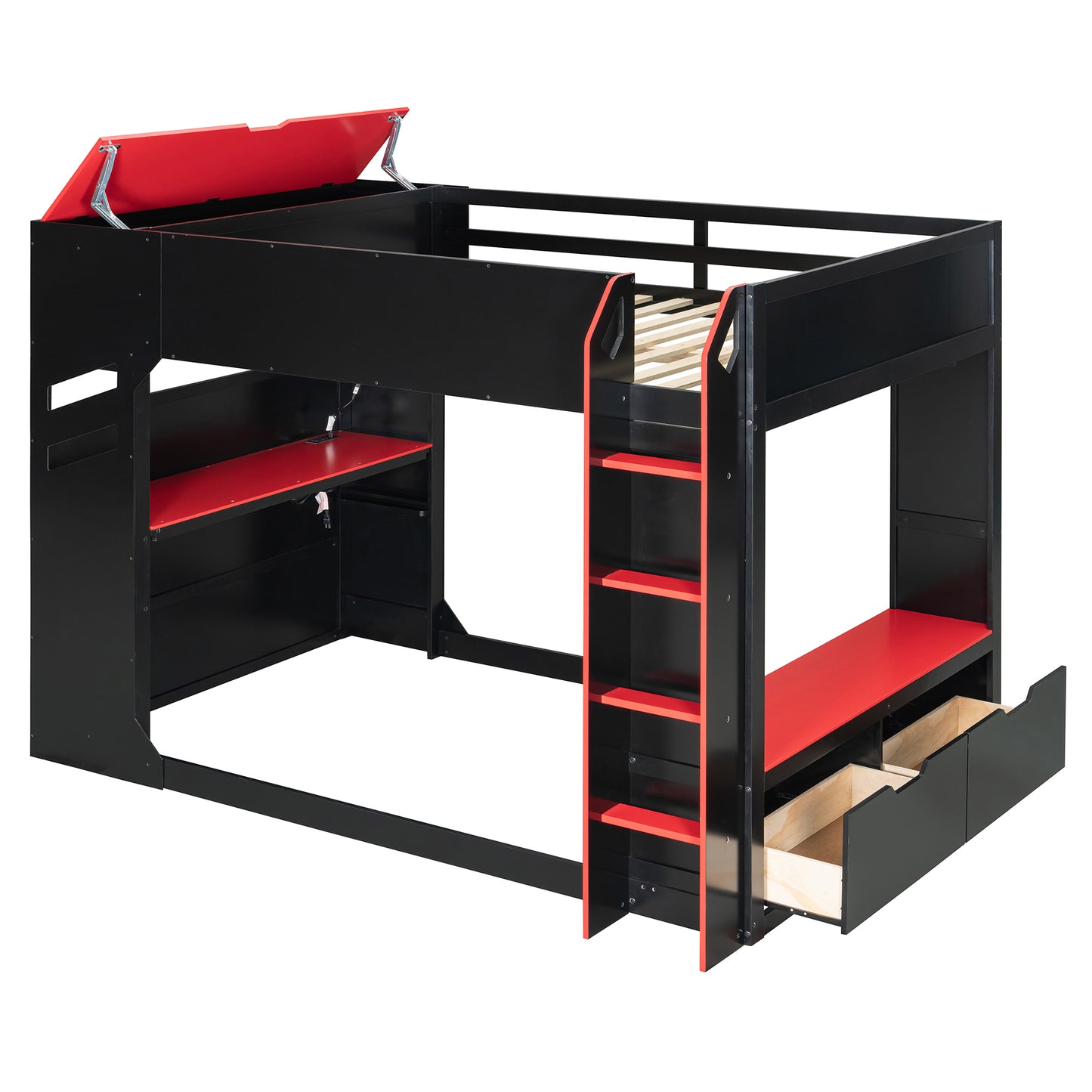 Full Size Red Wood Loft Bed with Desk & Storage for Bedroom