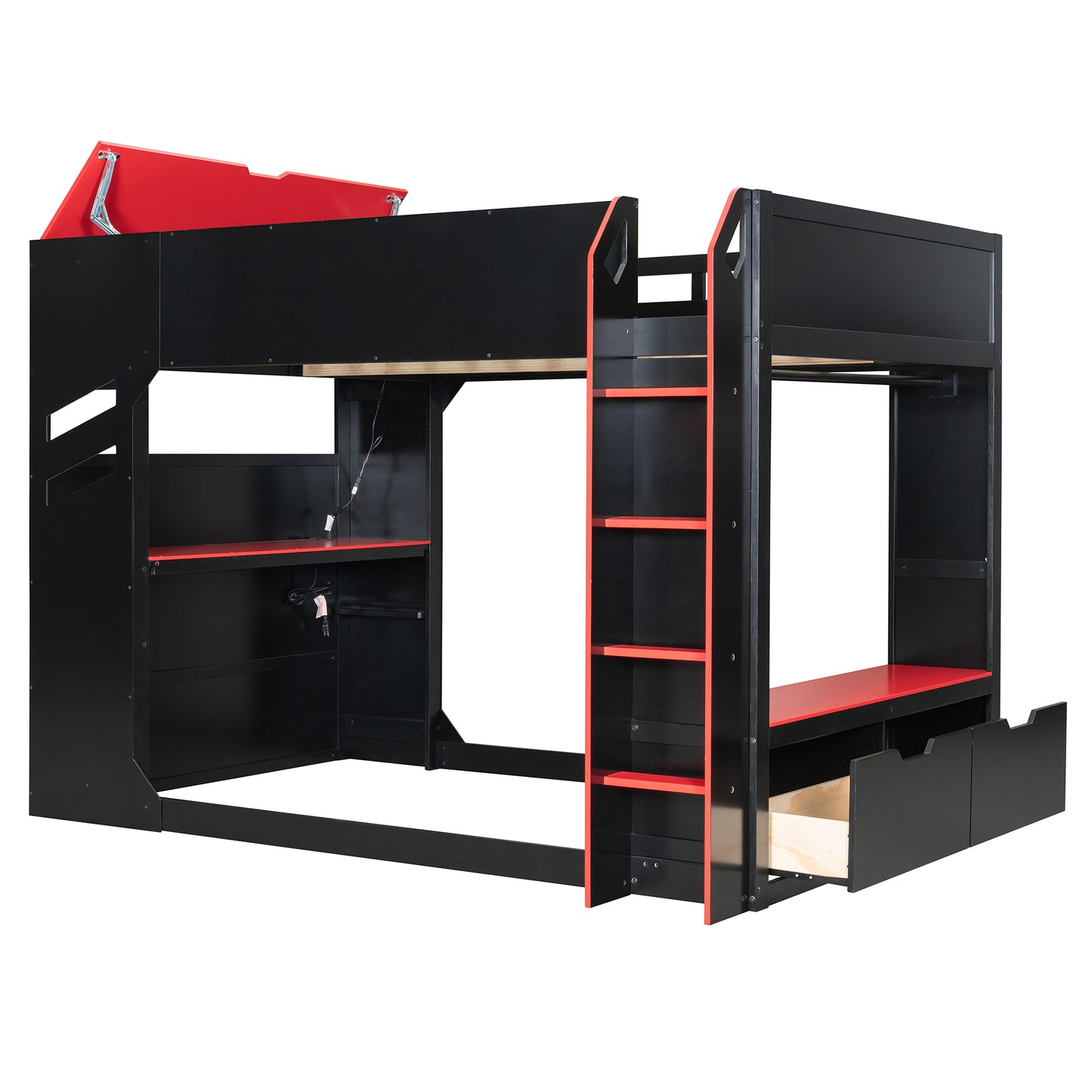 Full Size Red Wood Loft Bed with Desk & Storage for Bedroom