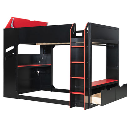Full Size Red Wood Loft Bed with Desk & Storage for Bedroom