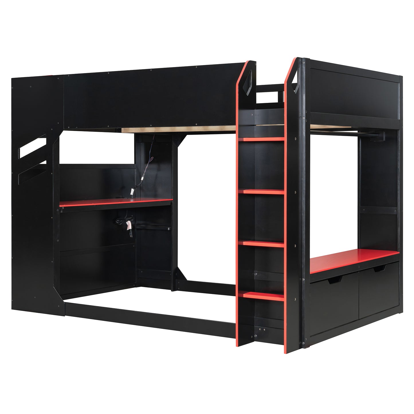 Full Size Red Wood Loft Bed with Desk & Storage for Bedroom