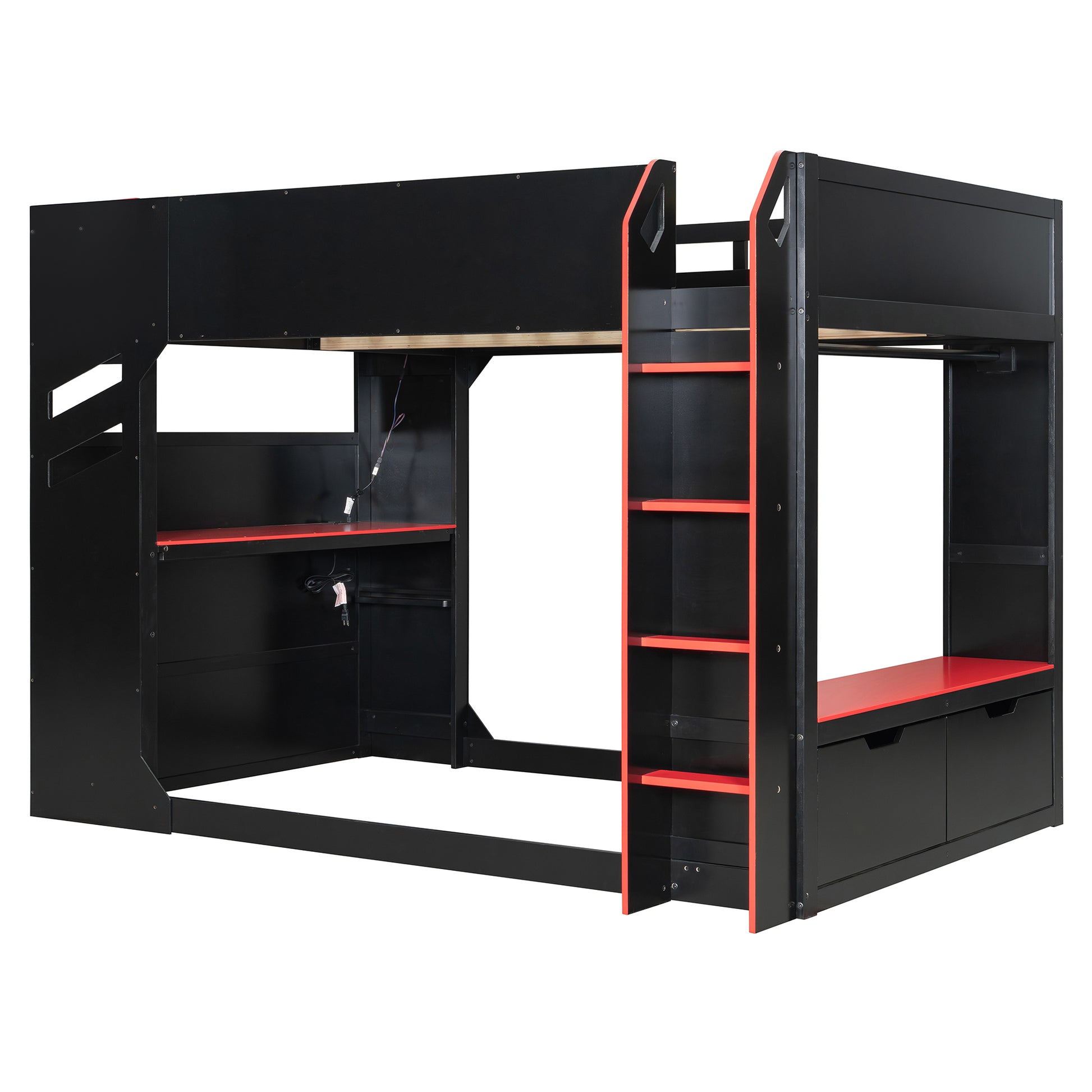 Full Size Red Wood Loft Bed with Desk & Storage for Bedroom