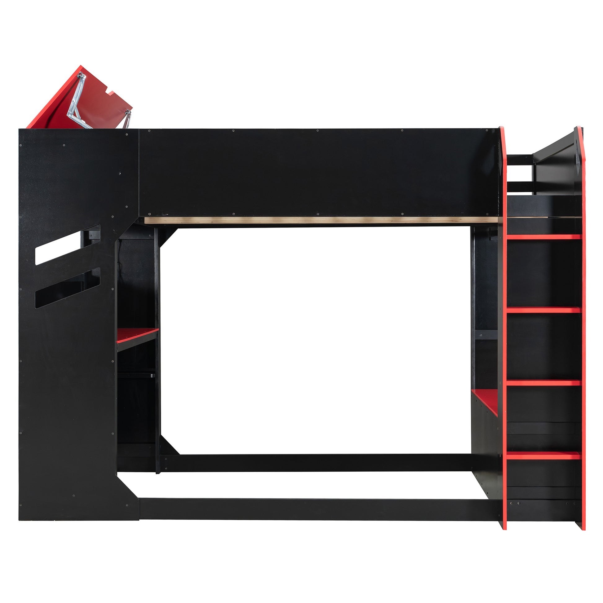 Full Size Red Wood Loft Bed with Desk & Storage for Bedroom