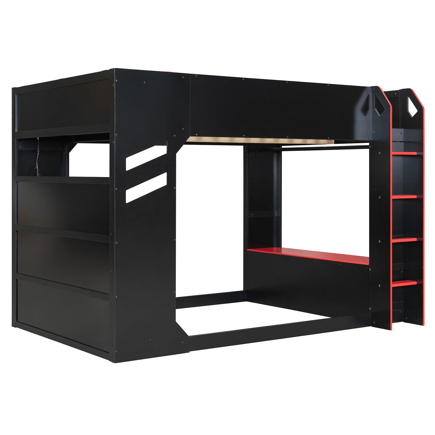 Full Size Red Wood Loft Bed with Desk & Storage for Bedroom