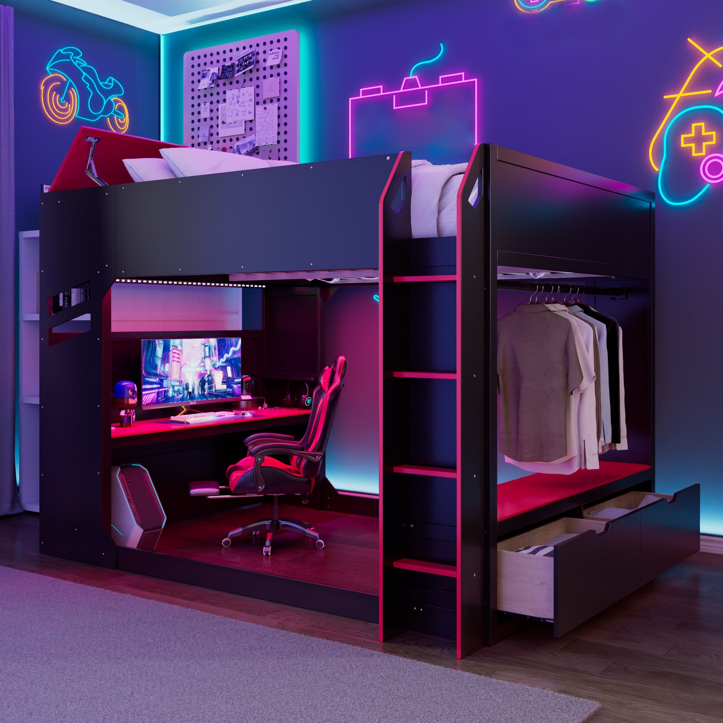 Full Size Wood Loft Bed with Height-adjustable Desk,Drawers,Storage Compartments,Hanging Rod and RGB Lights,Red (OLD SKU:LT000288AAR)