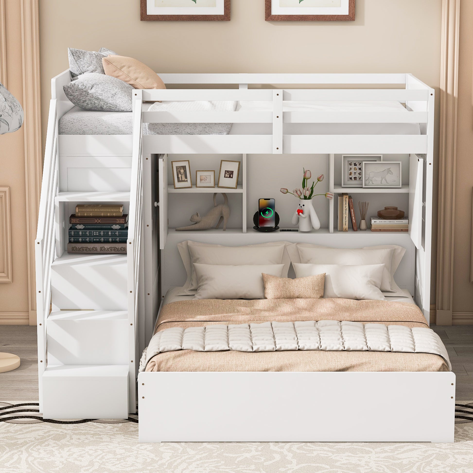 Twin over Full Bunk Bed with Storage Stairs, Wardrobe,USB and Ligh,White