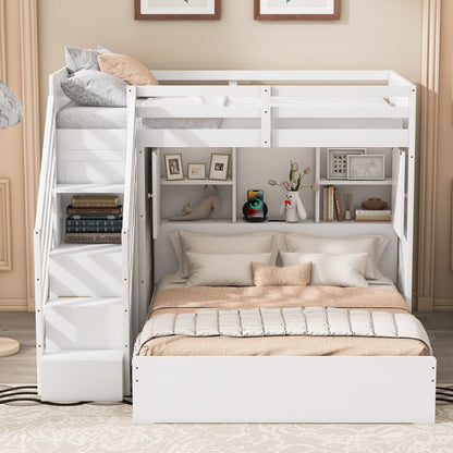 Twin over Full Bunk Bed with Storage Stairs, Wardrobe,USB and Ligh,White