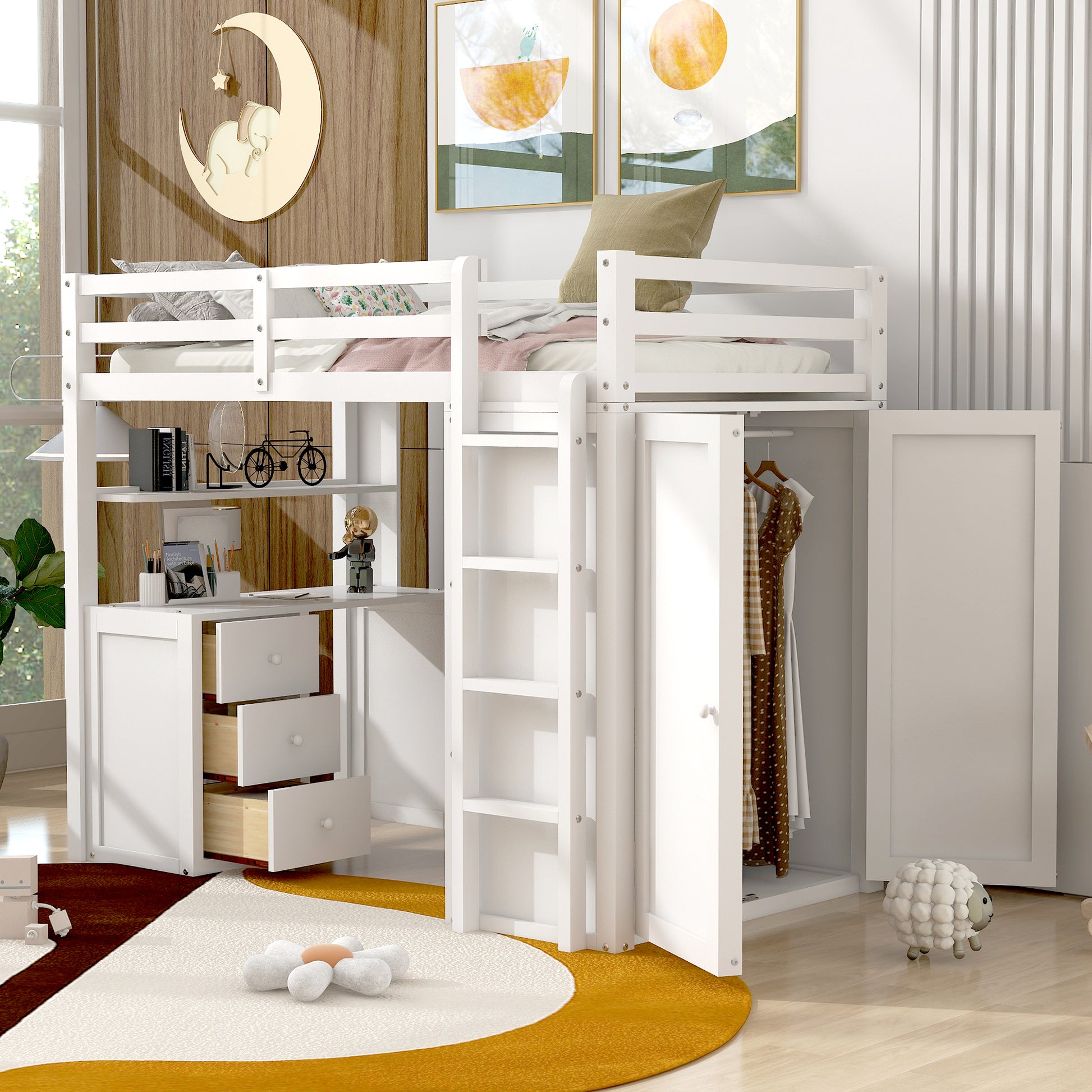 Twin size Loft Bed with Drawers,Desk,and Wardrobe-White( OLC SKU:LT000301AAK-1)