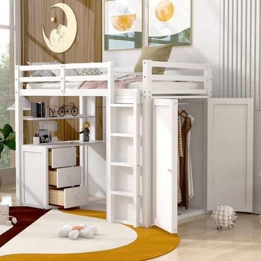 Twin size Loft Bed with Drawers,Desk,and Wardrobe-White( OLC SKU:LT000301AAK-1)