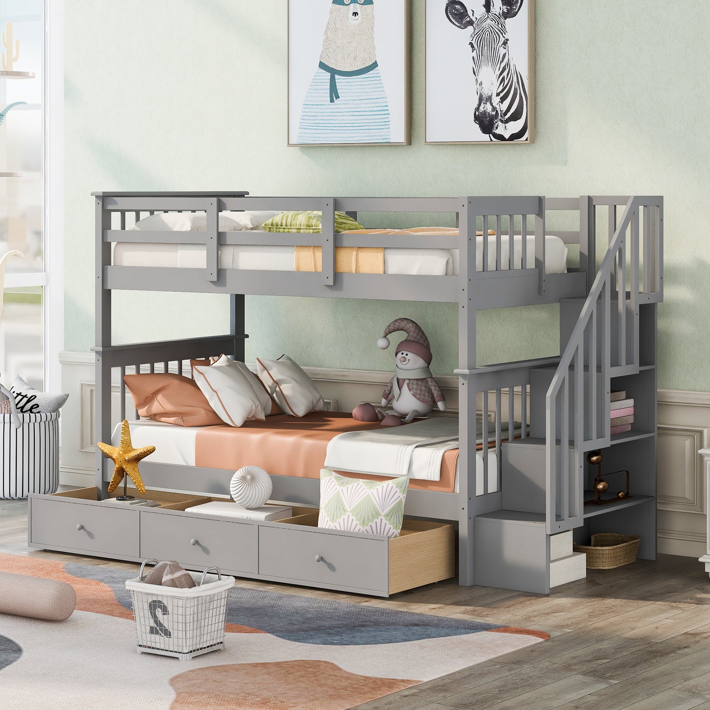 Stairway Twin-Over-Twin Bunk Bed with Three Drawers for Bedroom, Dorm - Gray(Old SKU: LT000309AAE)