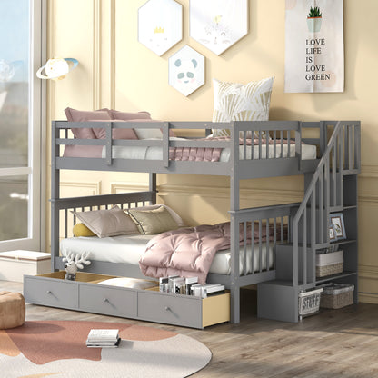 Stairway Full-Over-Full Bunk Bed with Drawer, Storage and Guard Rail for Bedroom, Gray (OLD SKU: LT100310AAE)