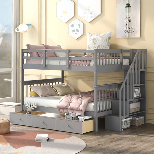 Stairway Full-Over-Full Bunk Bed with Drawer, Storage and Guard Rail for Bedroom, Gray (OLD SKU: LT100310AAE)
