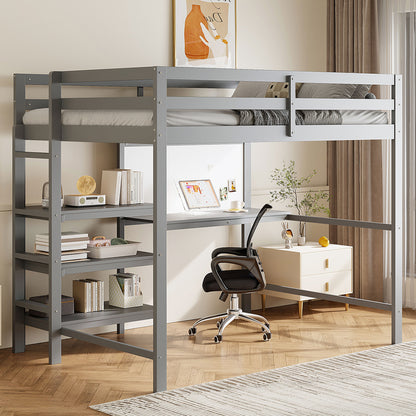 Twin Size Wooden Loft Bed with Shelves, Desk and Writing Board - Gray(OLD SKU: LT000320AAE)