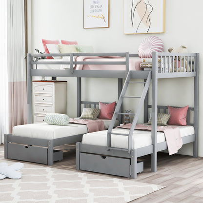 Full Over Twin & Twin Bunk Bed, Wood Triple Bunk Bed with Drawers and Guardrails, Gray (OLD SKU: LT000343AAE)