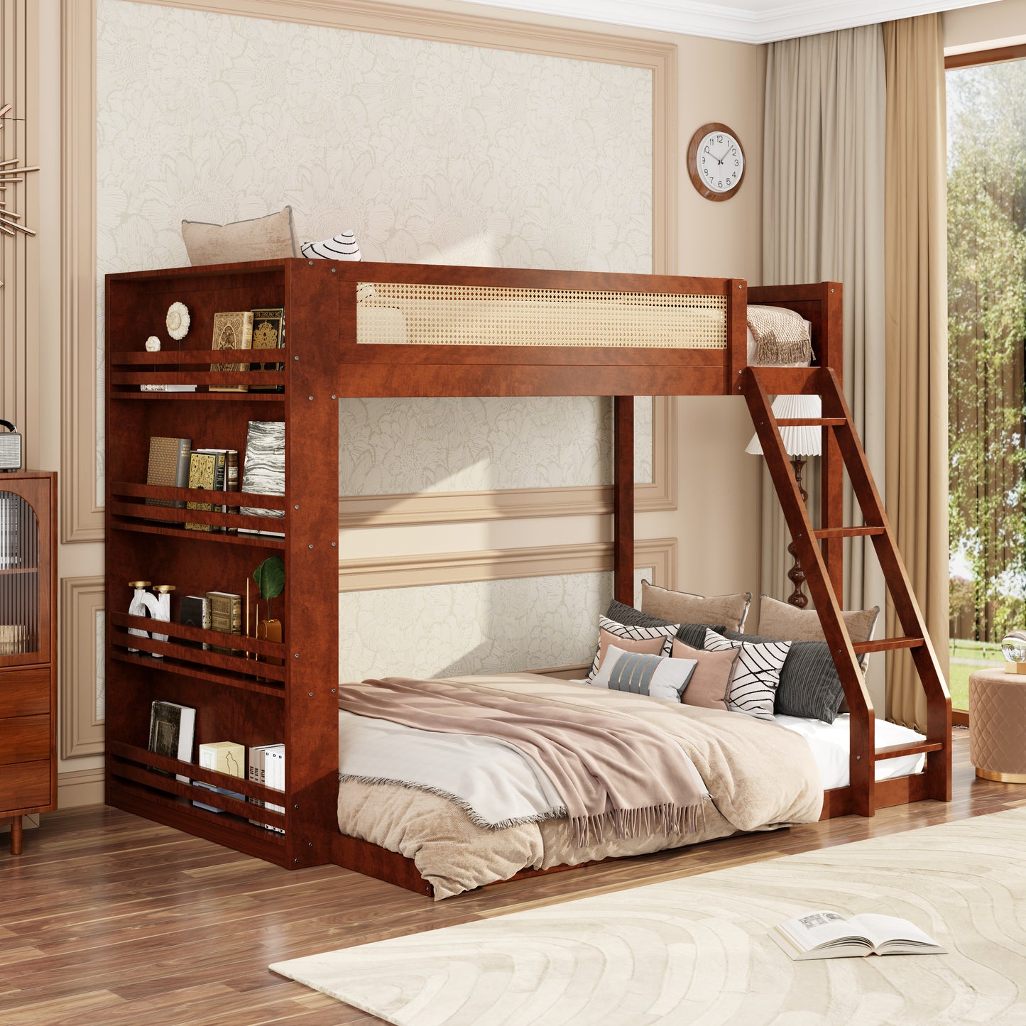 Twin over Full Bunk Bed with Shelf and LED,Espresso